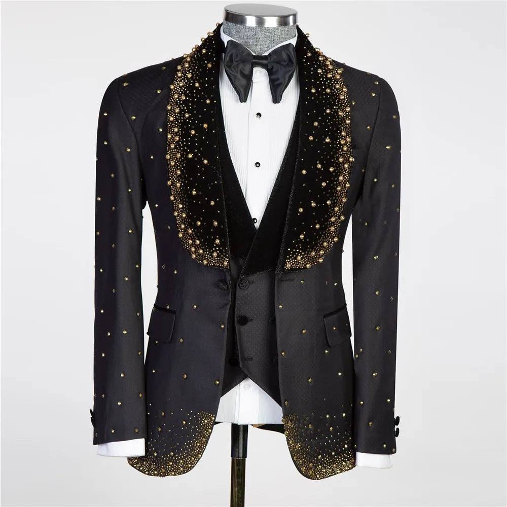 Costume de luxe 3 pièces pour homme, avec perles et diamants, pour mariage, sur mesure, pour soirée, affaires, smoking, à la mode