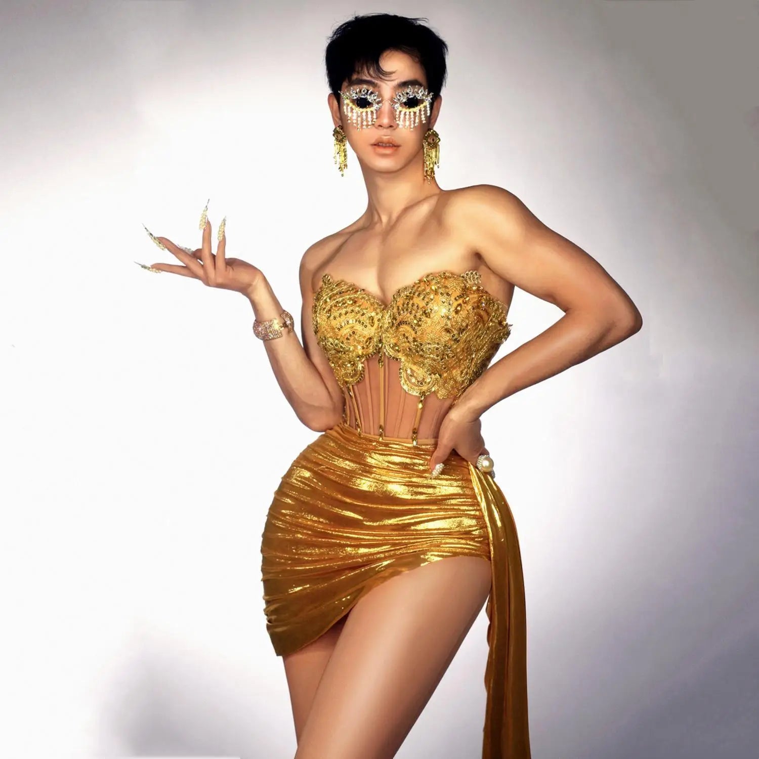 Luxury Gold Diamond Formal Occasion Cocktail Dresses 2-Piece Set Prom Gown Outfit Sexy Girls Short Prom Dress Birthday