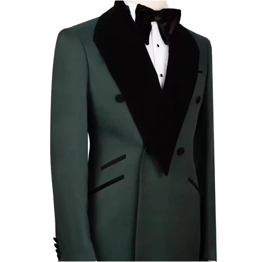 Costume vert de luxe pour homme, 2 pièces, veste et pantalon, croisé, noir, col châle, tenue décontractée, ensemble complet pour mariage