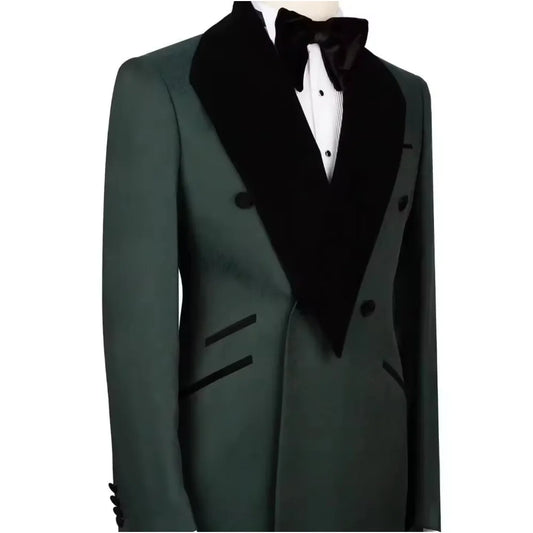 Luxury Green Suits for Men 2 Piece Jacket+Pants Double Breasted Black Shawl Lapel Casual Clothing Daily Full Set Wedding Groom