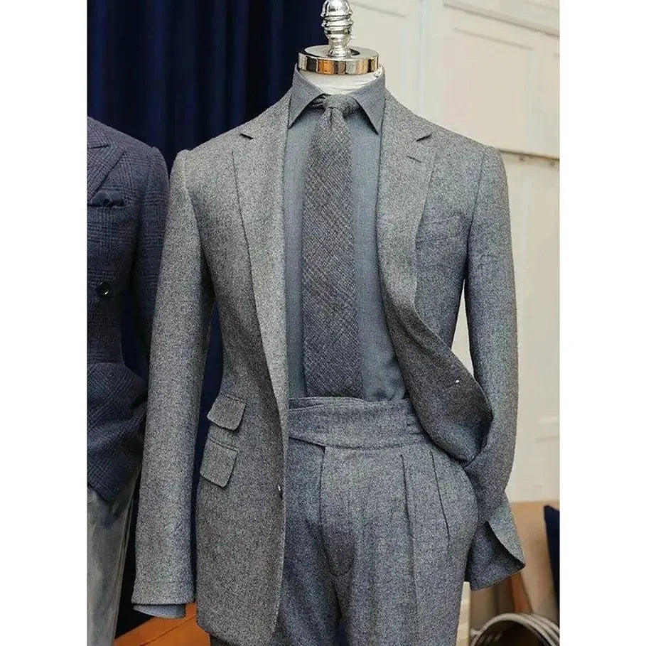 Luxury Grey Men's Suits Terno Homme Winter Notch Lapel Single Breasted 2 Piece Jacket Pants Formal Business Party Outfits Terno