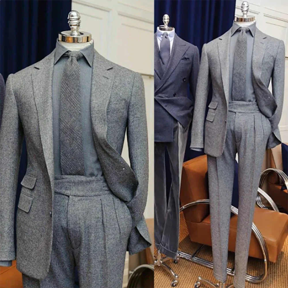 Trajes de lujo grises para hombre, Terno Homme, invierno, solapa con muesca, botonadura sencilla, 2 piezas, chaqueta, pantalones, trajes formales de negocios y fiesta, Terno