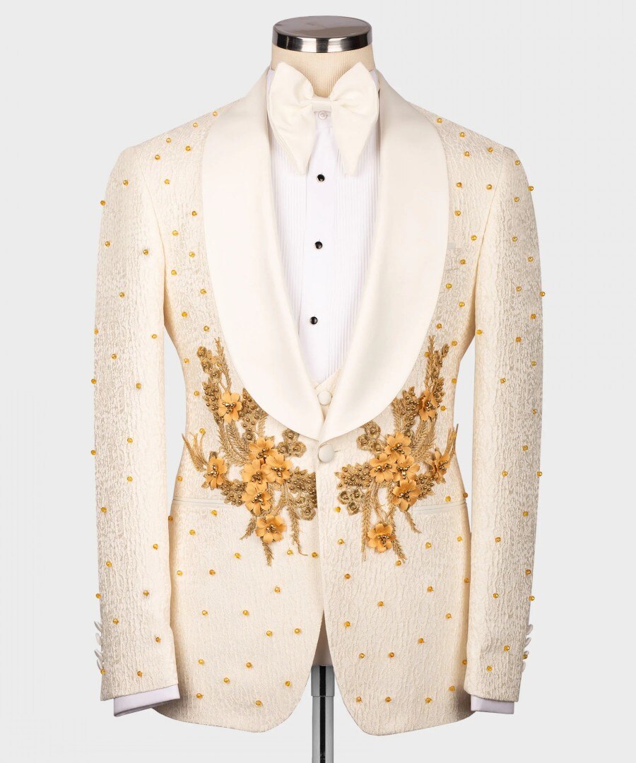 Trajes de novio de lujo para hombre, con apliques de perlas, esmoquin de boda beige, hecho a medida, 3 piezas, blazer, chaleco, vestido formal de fiesta de graduación. 
