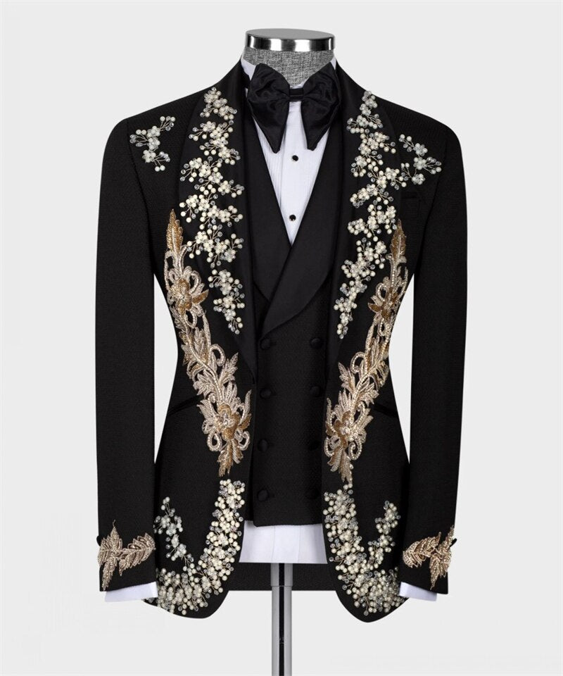 Trajes de novio de lujo para hombre, corte entallado, con apliques de cristal, esmoquin de boda a medida, 3 piezas, blazer, chaleco, vestido formal de fiesta de graduación para hombre 