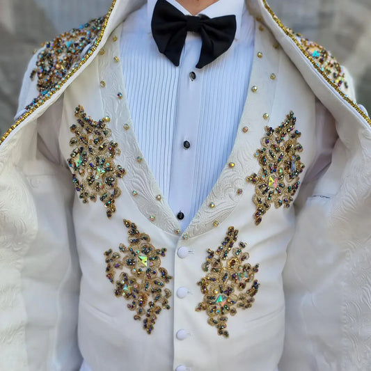 Costumes de mariage de luxe pour marié, appliques dorées, veste florale perlée, gilet et pantalon, 3 pièces, smoking de fête formel sur mesure