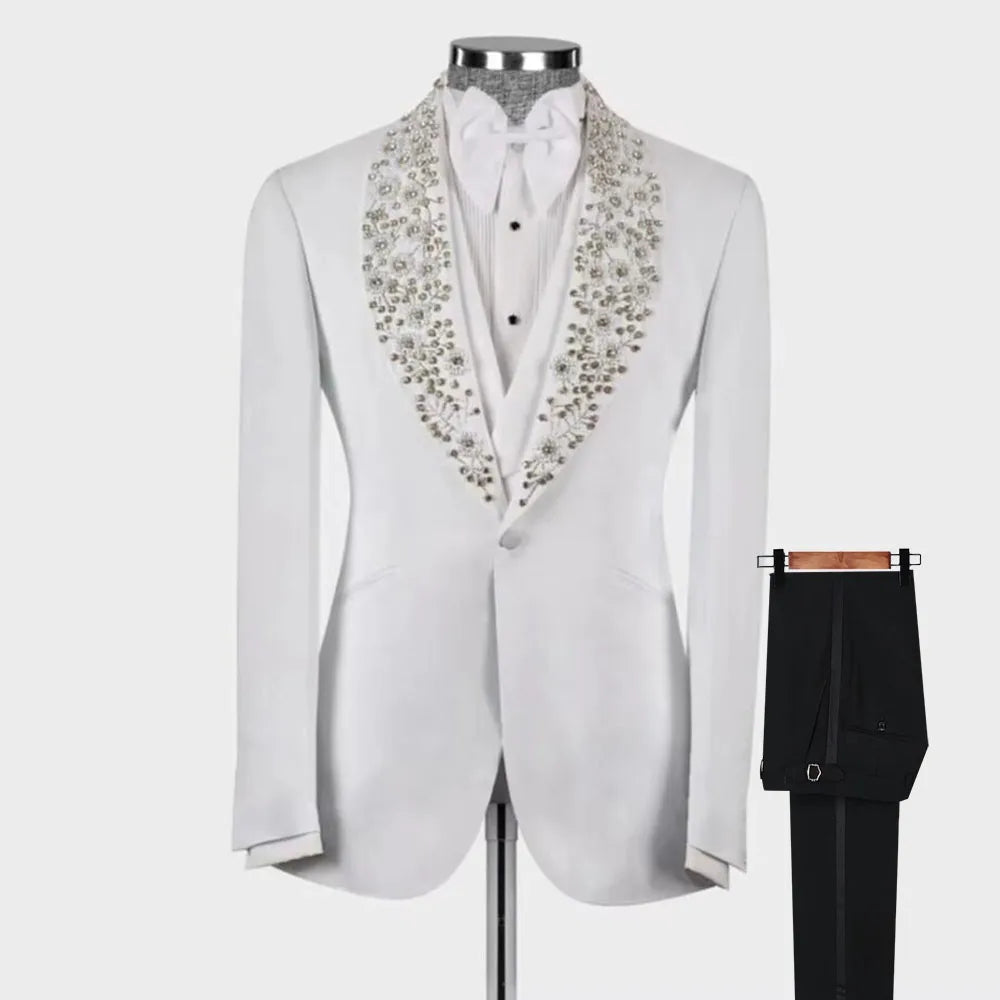 Esmoquin de novio de lujo para boda, con perlas y solapa chal, para graduación, formal, para fiesta, esmoquin de novio para boda, ropa elegante para hombre a medida 