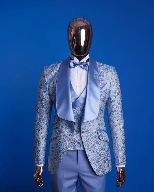 Luxury Jacquard Men's Suits Tailored 3 Pieces Blazer Vest Pants Sheer Satin Lapel One Button Wedding Slim Custom Made Plus Size
