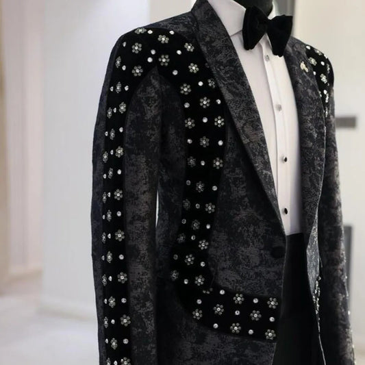 Elegante esmoquin de jacquard con cuentas para hombre: blazer y pantalón formales de lujo para bodas y ocasiones especiales.