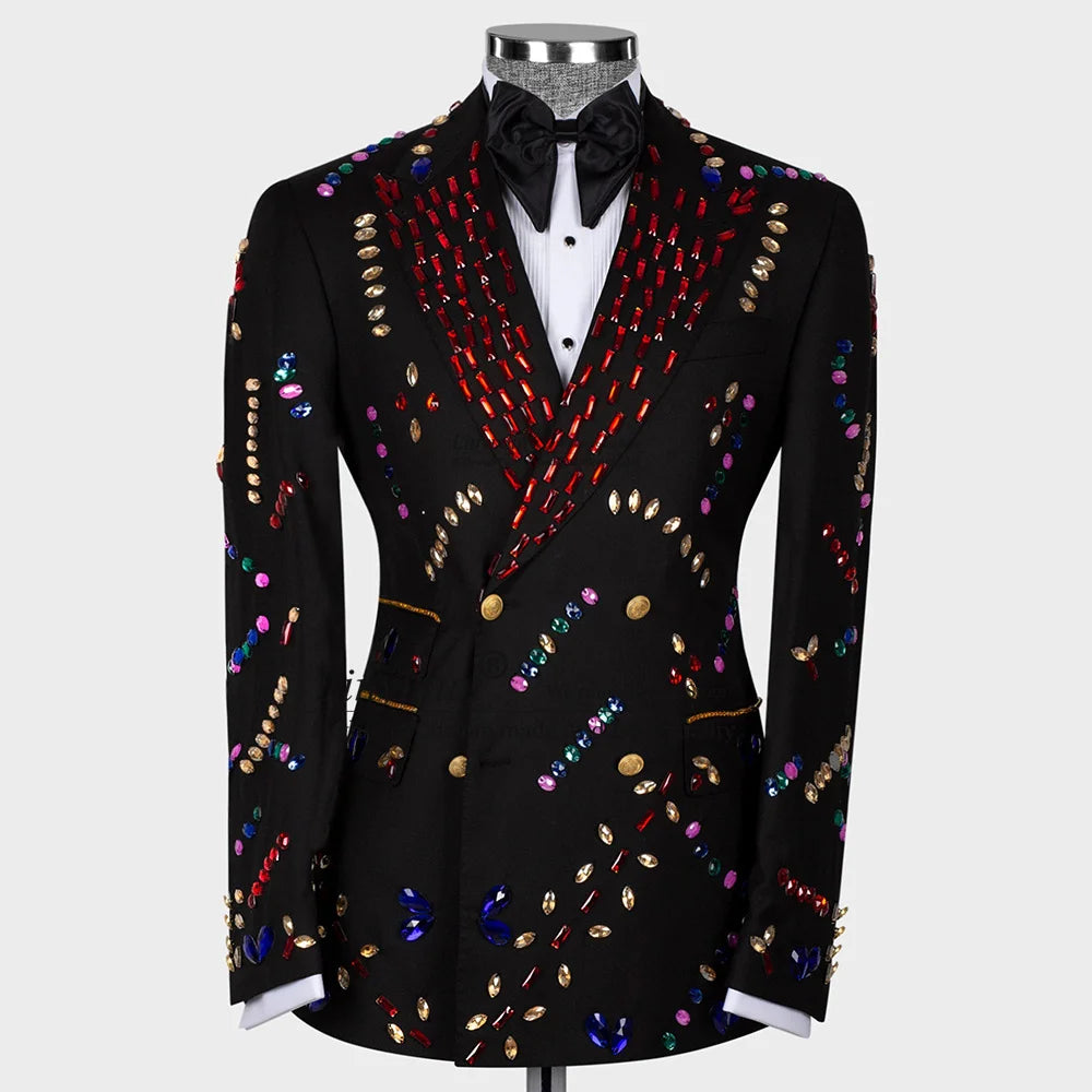 Costume 2 pièces en velours pour homme, avec ornements de bijoux, pour mariage, dîner, bal de promo, blazer