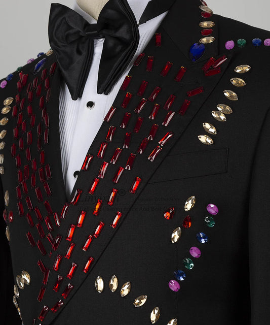 Costume 2 pièces en velours pour homme, avec ornements de bijoux, pour mariage, dîner, bal de promo, blazer
