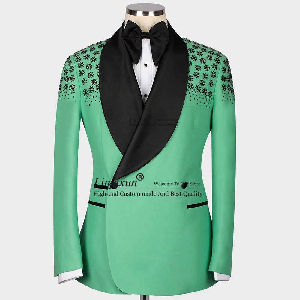 Luxury Jewelry Ornament Tuxedos Men Suits 2 Pieces Wedding Groom Dinner Party Male Prom Blazers Ternos Completo
