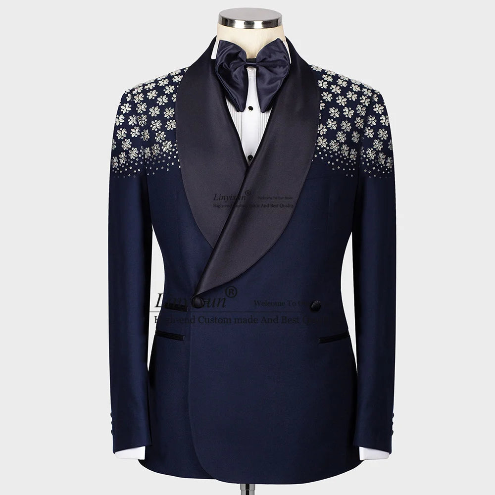 Luxury Jewelry Ornament Tuxedos Men Suits 2 Pieces Wedding Groom Dinner Party Male Prom Blazers Ternos Completo