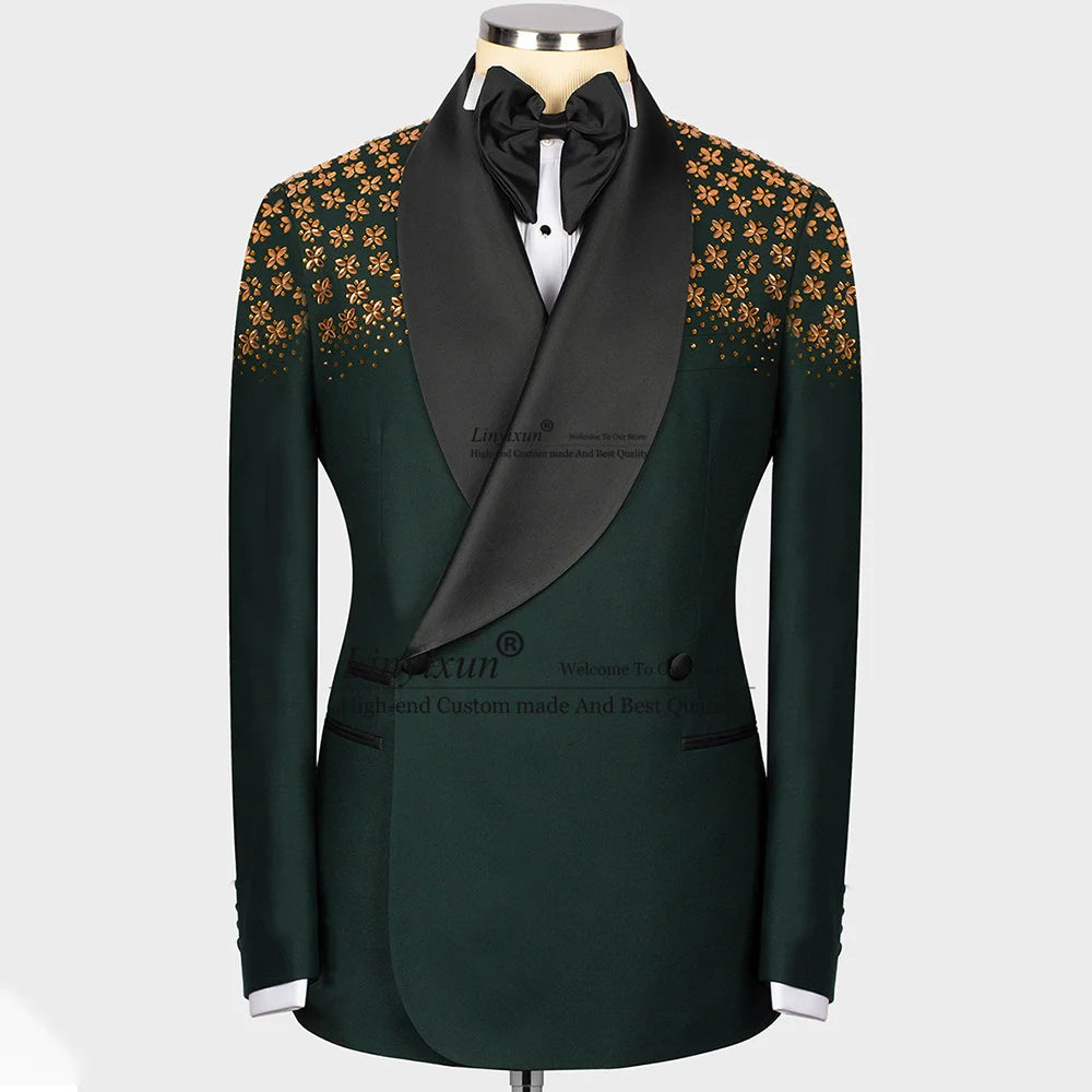 Luxury Jewelry Ornament Tuxedos Men Suits 2 Pieces Wedding Groom Dinner Party Male Prom Blazers Ternos Completo