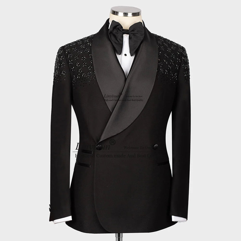 Luxury Jewelry Ornament Tuxedos Men Suits 2 Pieces Wedding Groom Dinner Party Male Prom Blazers Ternos Completo