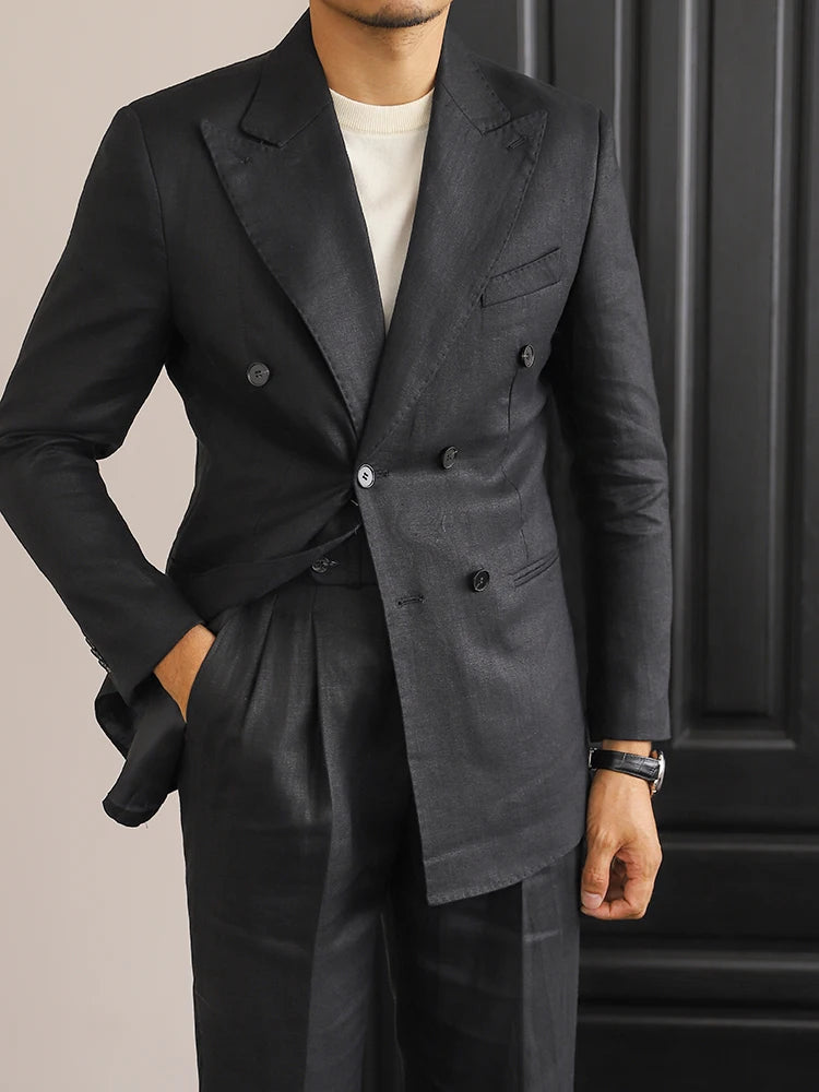 Costume homme élégant en lin croisé, coupe slim, look rétro, disponible en quatre couleurs élégantes