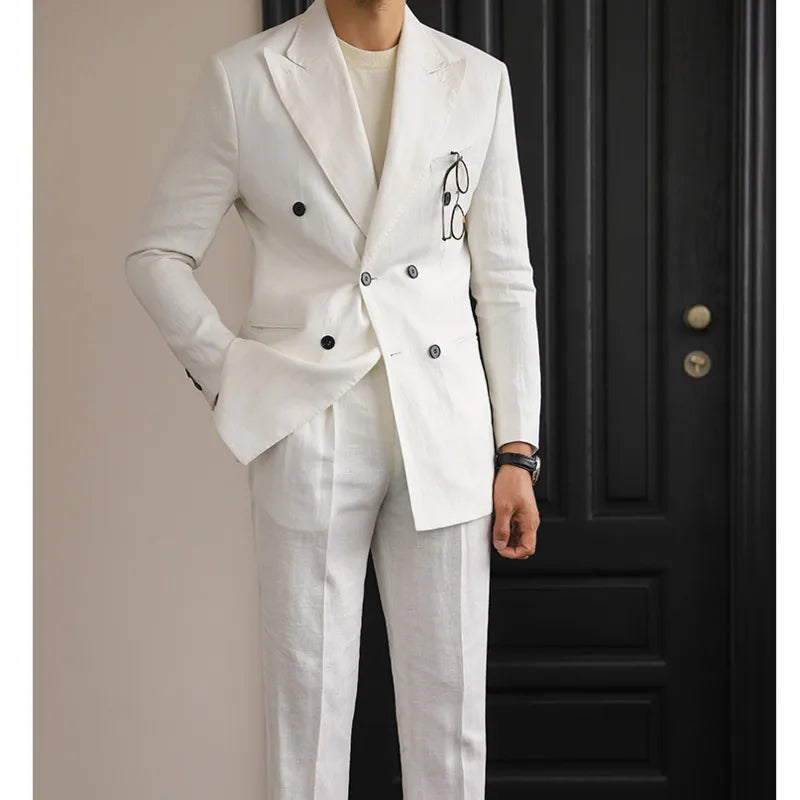 Costume homme élégant en lin croisé, coupe slim, look rétro, disponible en quatre couleurs élégantes