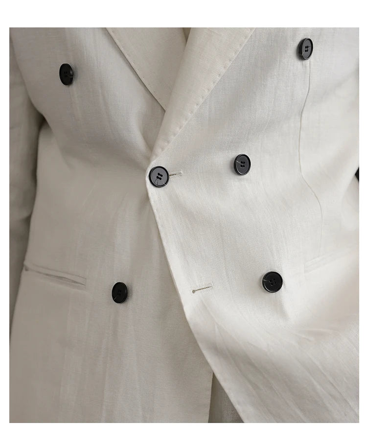 Costume italien croisé en lin de luxe pour homme, polyvalent, coupe slim, col à revers, style rétro, vert et marron, 4 couleurs