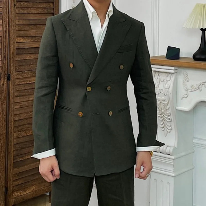 Costume homme élégant en lin croisé, coupe slim, look rétro, disponible en quatre couleurs élégantes