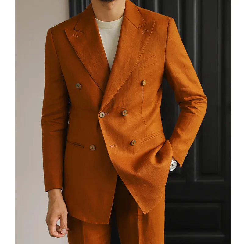 Costume homme élégant en lin croisé, coupe slim, look rétro, disponible en quatre couleurs élégantes