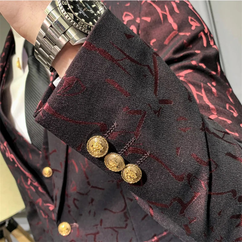 Elegant Floral Slim Fit Men's Tuxedo Suit Set - Royal Blue & Burgundy Stylish Coat, Vest & Pants for Formal Occasions