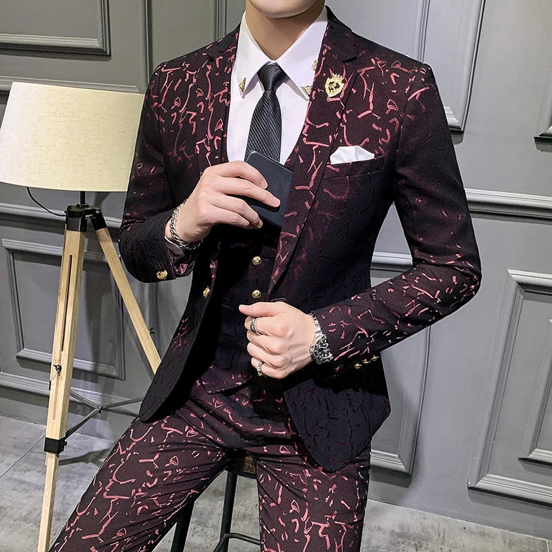 Elegant Floral Slim Fit Men's Tuxedo Suit Set - Royal Blue & Burgundy Stylish Coat, Vest & Pants for Formal Occasions