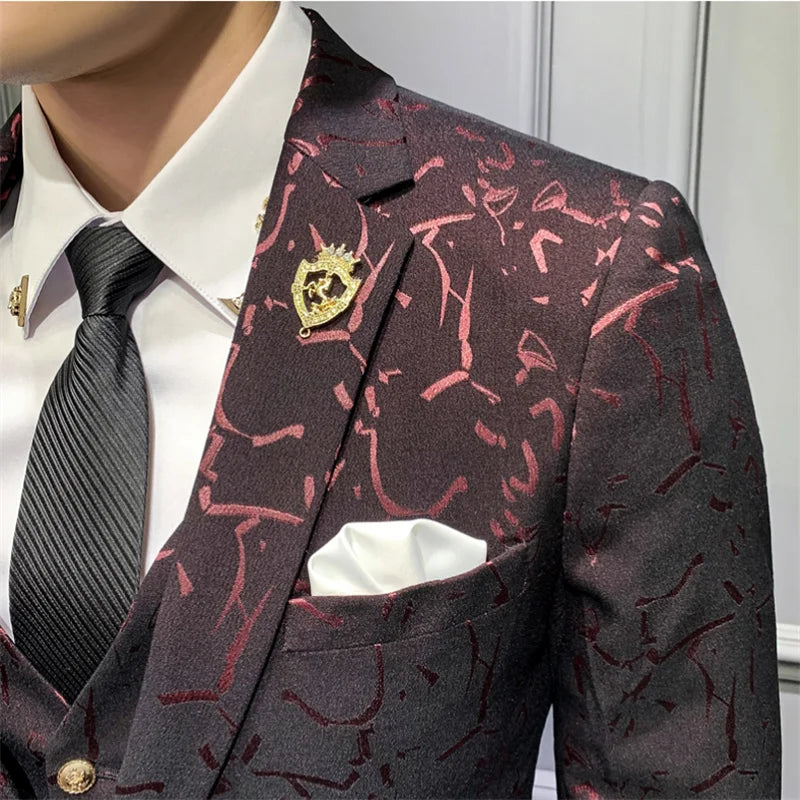 Elegant Floral Slim Fit Men's Tuxedo Suit Set - Royal Blue & Burgundy Stylish Coat, Vest & Pants for Formal Occasions