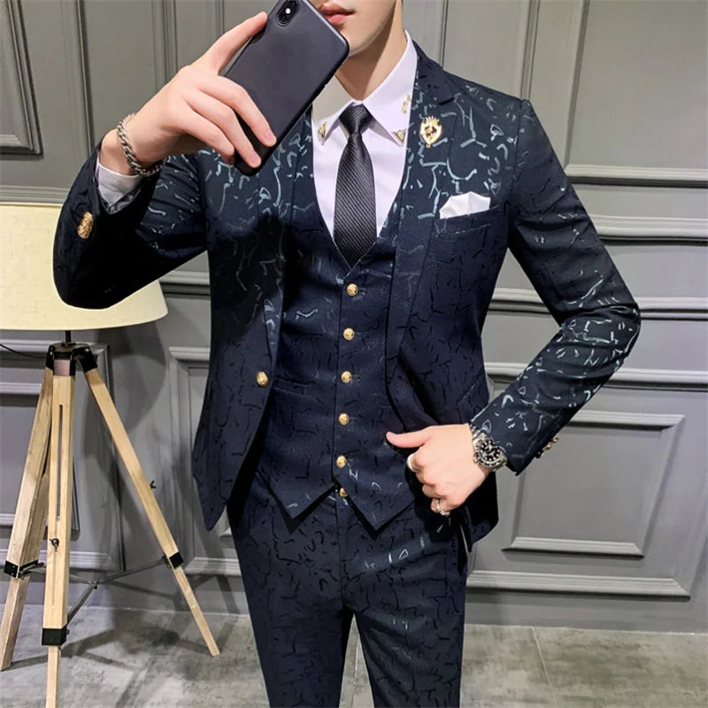 Elegant Floral Slim Fit Men's Tuxedo Suit Set - Royal Blue & Burgundy Stylish Coat, Vest & Pants for Formal Occasions