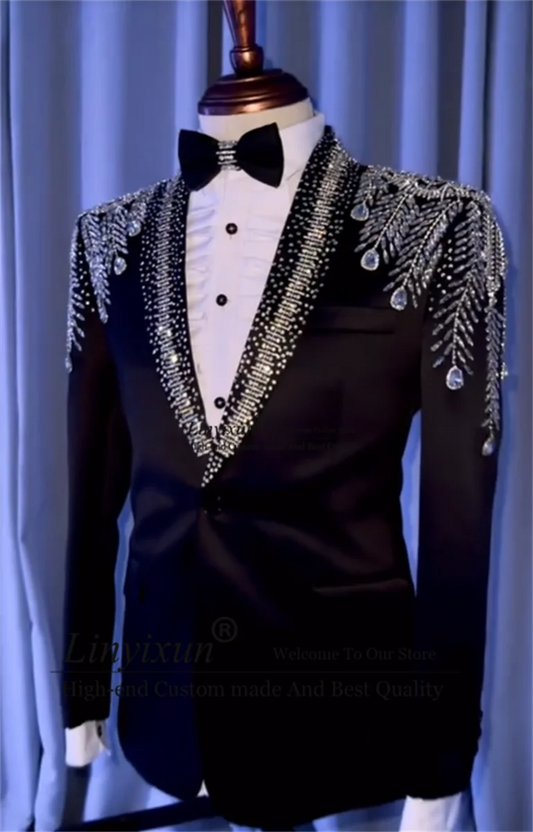 Luxury Men Suits Shiny Beaded Diamond Crystals  Wedding Groom Tuxedos Party Male Prom Blazers 2 Pieces Sets Slim Mens Clothing