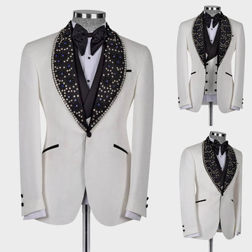 Luxury Men Wedding Jacket Shawl Lapel Slim Fit Suits For Male Crystal Beads 2 Pcs Coat Vest Custom Made