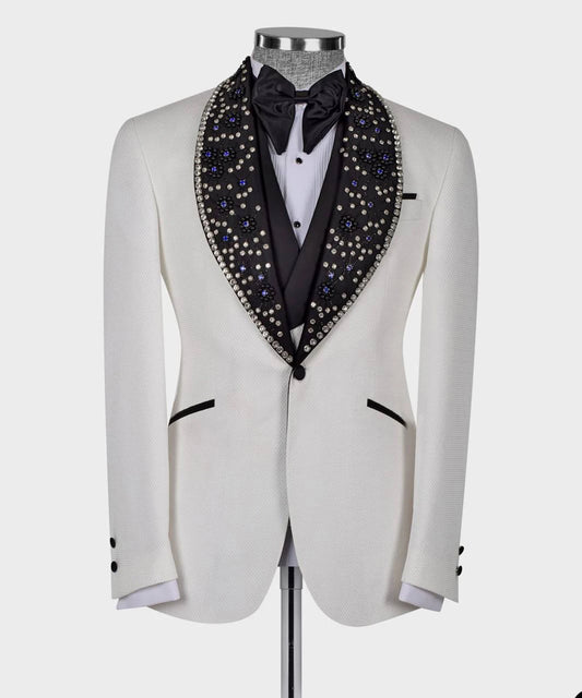 Luxury Men Wedding Jacket Shawl Lapel Slim Fit Suits For Male Crystal Beads 2 Pcs Coat Vest Custom Made