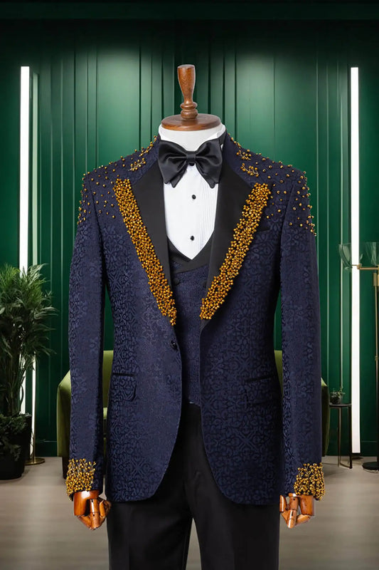 Luxury Men Wedding Suits Peaked Lapel Single Breasted Beaded Tuxedos Groom Evening 2 Psc Blazer Pants Custom Made