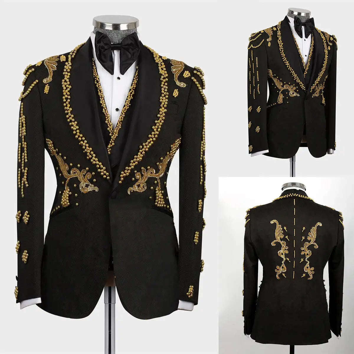 Luxury Men Wedding Suits Shawl Lapel Single Breasted Appliques Beads Tuxedos Groom Party 2 Pcs Blazer Vest Customized Made