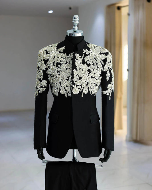 Exquisite Black Tuxedo for Men with Crystal Floral Appliqués | Custom-Made Wedding Suit Jacket and Pants Set for Grooms and Special Occasions