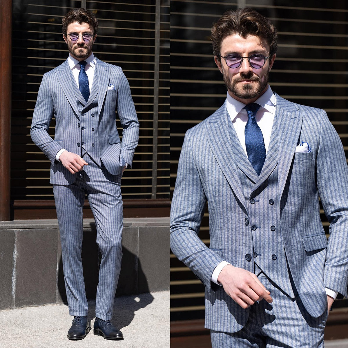 Traje de lujo para hombre, 3 piezas, blazer, chaleco, pantalón, solapa de pico, botonadura sencilla, a rayas, para boda, traje formal a medida para hombre 