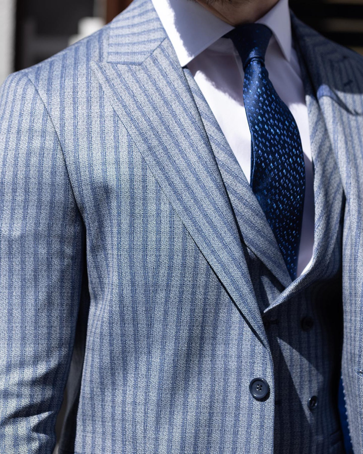 Traje de lujo para hombre, 3 piezas, blazer, chaleco, pantalón, solapa de pico, botonadura sencilla, a rayas, para boda, traje formal a medida para hombre 