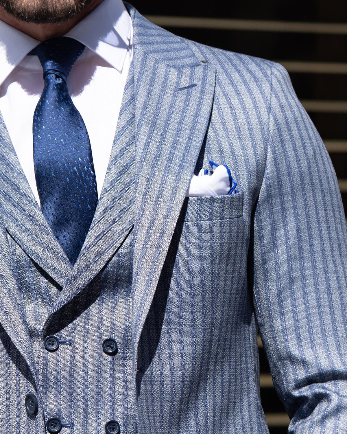 Traje de lujo para hombre, 3 piezas, blazer, chaleco, pantalón, solapa de pico, botonadura sencilla, a rayas, para boda, traje formal a medida para hombre 