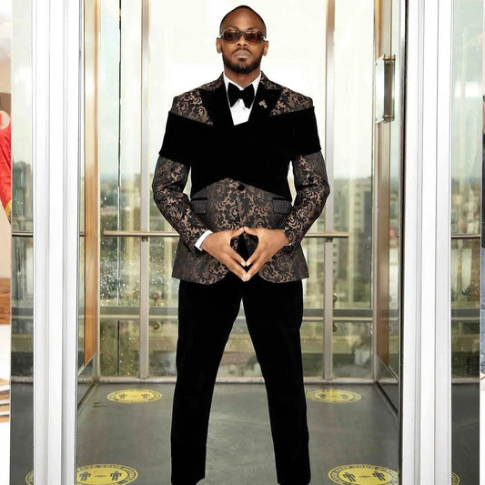 Luxury Men's Suits Tailored 2 Pieces Jacquard Blazer Pants One Button Peaked Velvet Lapel Spliced Formal Custom Made Plus Size