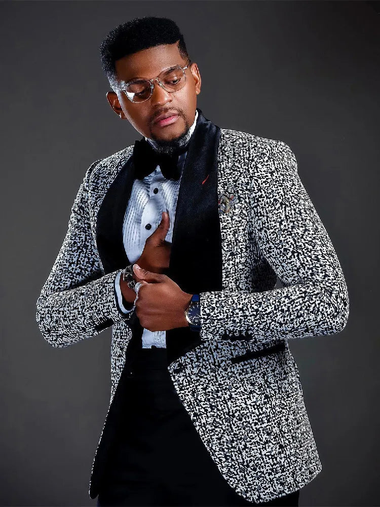 Costumes de luxe pour hommes sur mesure 2 pièces Jacquard Blazer Pantalon Un bouton Large revers en velours Smoking grande taille Sur mesure Grande taille 