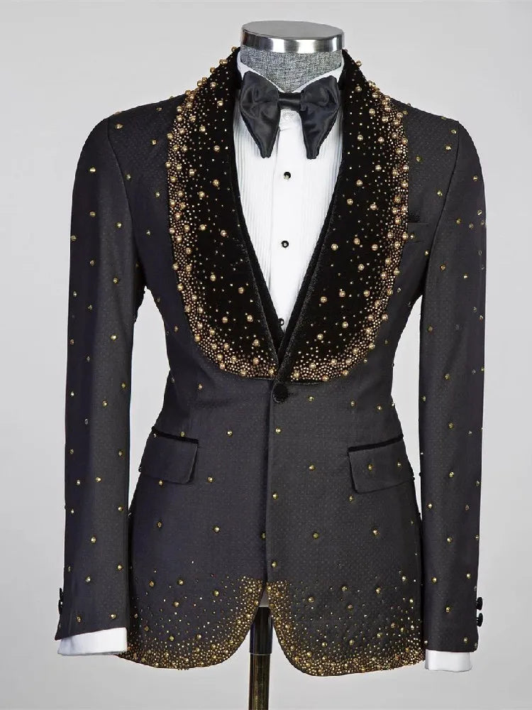 Luxury Men's Suits Tailored 3 Pieces Black Vest Pants One Button Wide Velvet Lapel Beads Pearls Diamonds Custom Made Plus Size