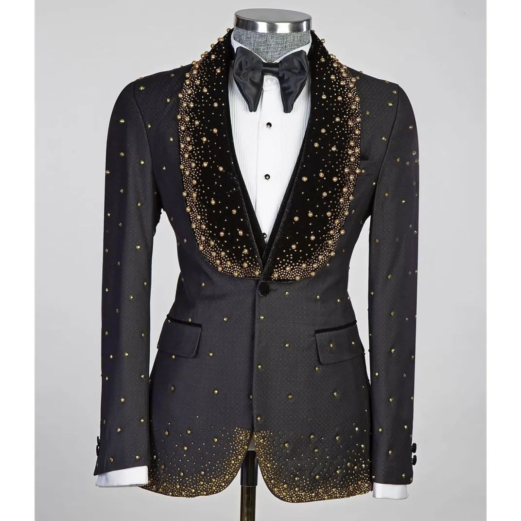 Luxury Men's Suits Tailored 3 Pieces Black Vest Pants One Button Wide Velvet Lapel Beads Pearls Diamonds Custom Made Plus Size