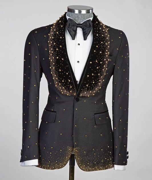 Luxury Men's Suits Tailored 3 Pieces Black Vest Pants One Button Wide Velvet Lapel Beads Pearls Diamonds Custom Made Plus Size