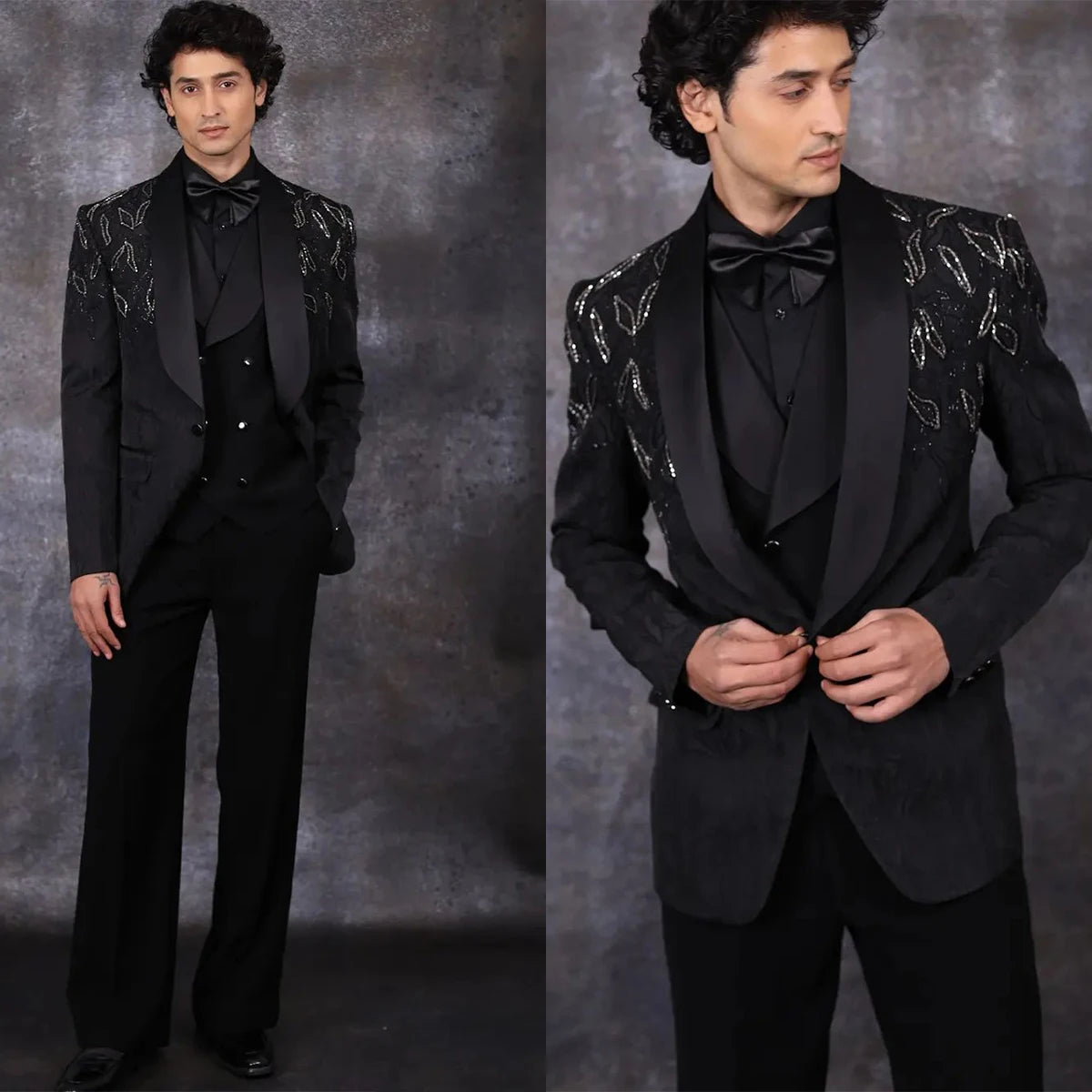 Trajes de lujo para hombre, a medida, de 3 piezas, blazer, chaleco, pantalón, un botón, para boda, solapa transparente, apliques de cuentas, hecho a medida, talla grande. 