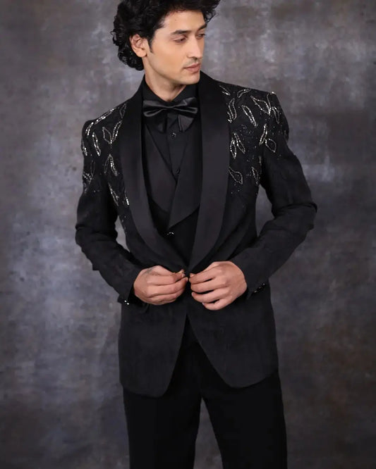 Luxury Men's Suits Tailored 3 Pieces Blazer Vest Pants One Button Wedding Sheer Lapel Beads Appliques Custom Made Plus Size