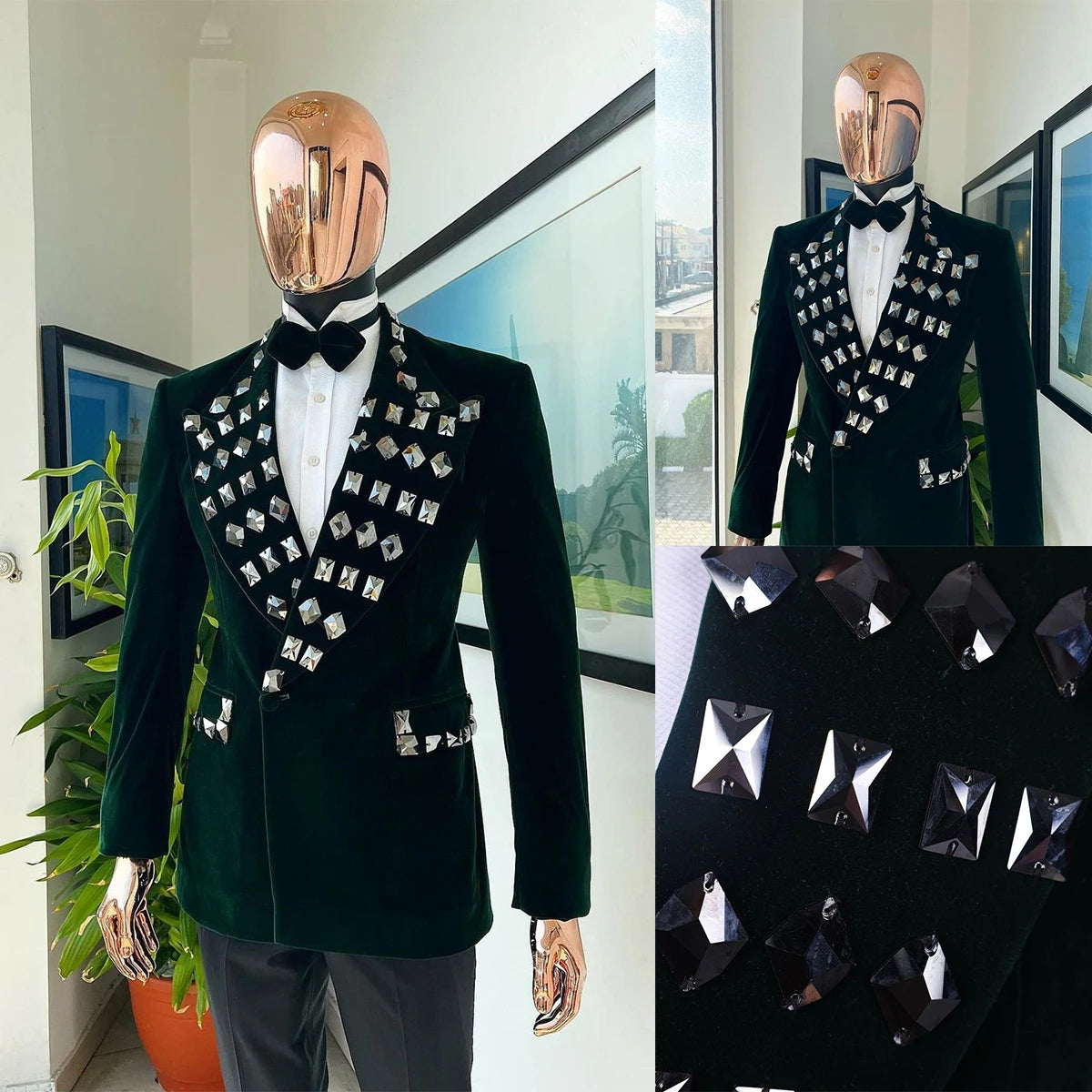 Trajes de boda de lujo para hombre, con accesorios de diamantes de imitación y solapa de pico, para novio, esmoquin de noche para graduación, chaqueta personalizada de 2 piezas con pantalón. 
