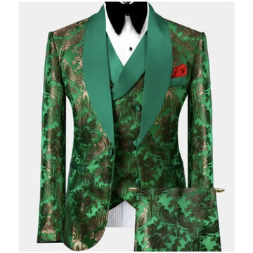 Luxury Mens Suits 3 Pieces Set Green Floral Printed Wedding Tuxedo Groomsman Shawl Lapel Prom Party Blazer Jacket+Vest+Pant