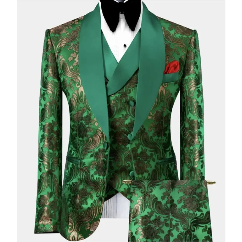 Trajes de lujo para hombre, conjunto de 3 piezas, esmoquin verde con estampado floral para boda, padrino de boda, chal con solapa, chaqueta, chaleco y pantalón para fiesta de graduación. 