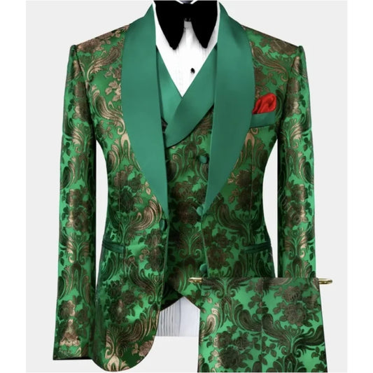 Luxury Mens Suits 3 Pieces Set Green Floral Printed Wedding Tuxedo Groomsman Shawl Lapel Prom Party Blazer Jacket+Vest+Pant