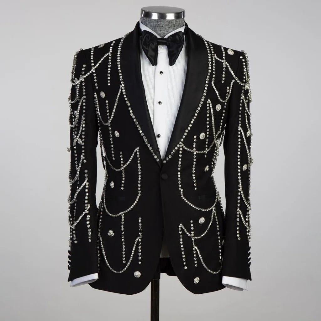 Luxury Metal Embellished Men Suits Notched Lapel Groom Tuxedos Sets Wedding Prom Blazers Pants Outfit