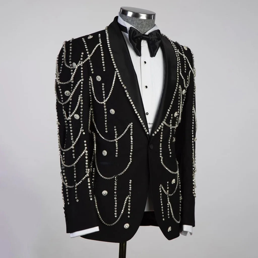 Luxury Metal Embellished Men Suits Notched Lapel Groom Tuxedos Sets Wedding Prom Blazers Pants Outfit