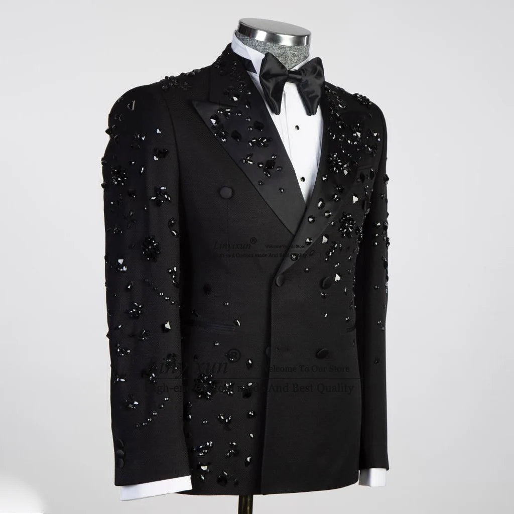Luxury Metal Embellished Men Suits Notched Lapel Groom Tuxedos Wedding Prom Blazers Pants Outfit
